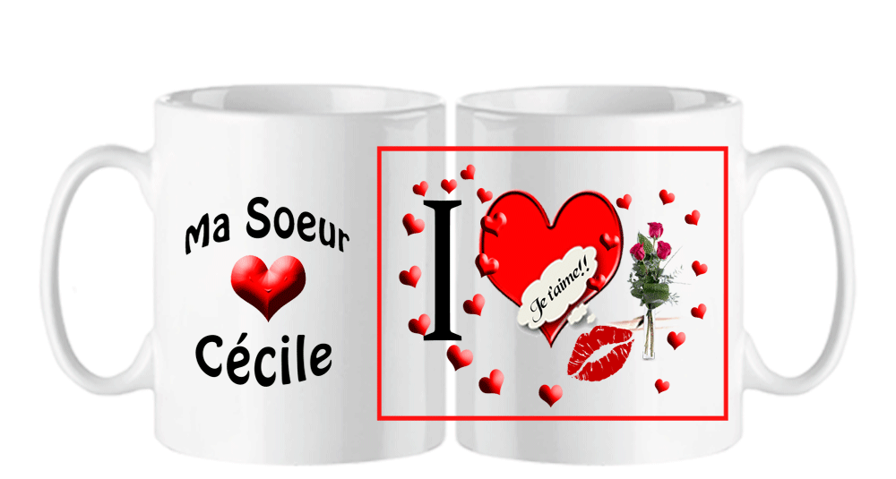 mug;ceramique;blanc;personnalisable;personnalisation;personnalise;prenom;coeur;amour;famille;soeur;Cecile