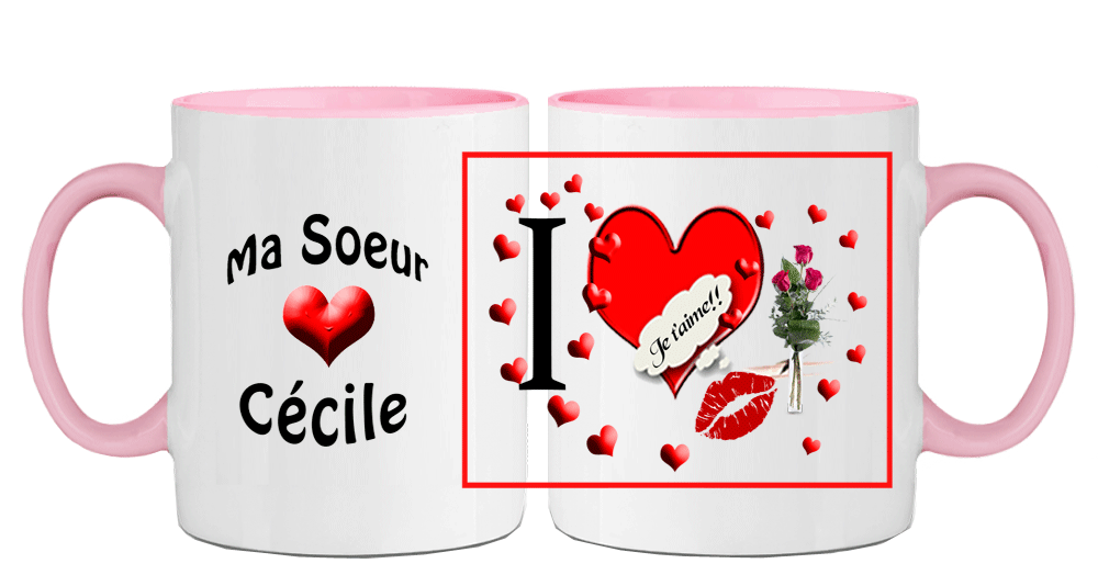 mug;ceramique;rose;personnalisable;personnalisation;personnalise;prenom;coeur;amour;famille;soeur;Cecile