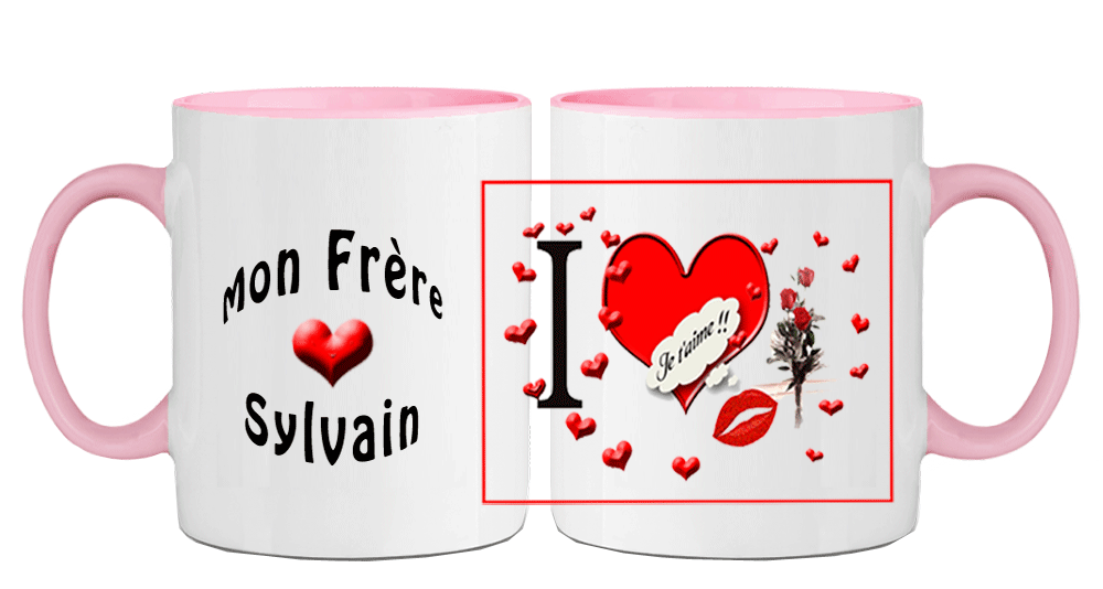 mug;ceramique;bicolore;rose;personnalisable;personnalisation;personnalise;prenom;coeur;amour;famille;frere;Sylvain
