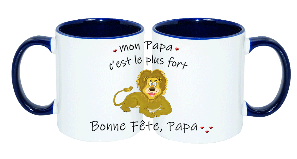mug;bicolore;bleu-marine;ceramique;phrase;pere;papa;bonne-fete;lion;fort