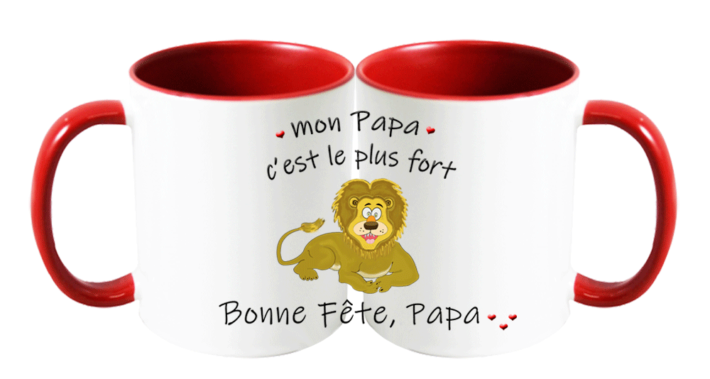 mug;bicolore;rouge;ceramique;phrase;pere;papa;bonne-fete;lion;fort