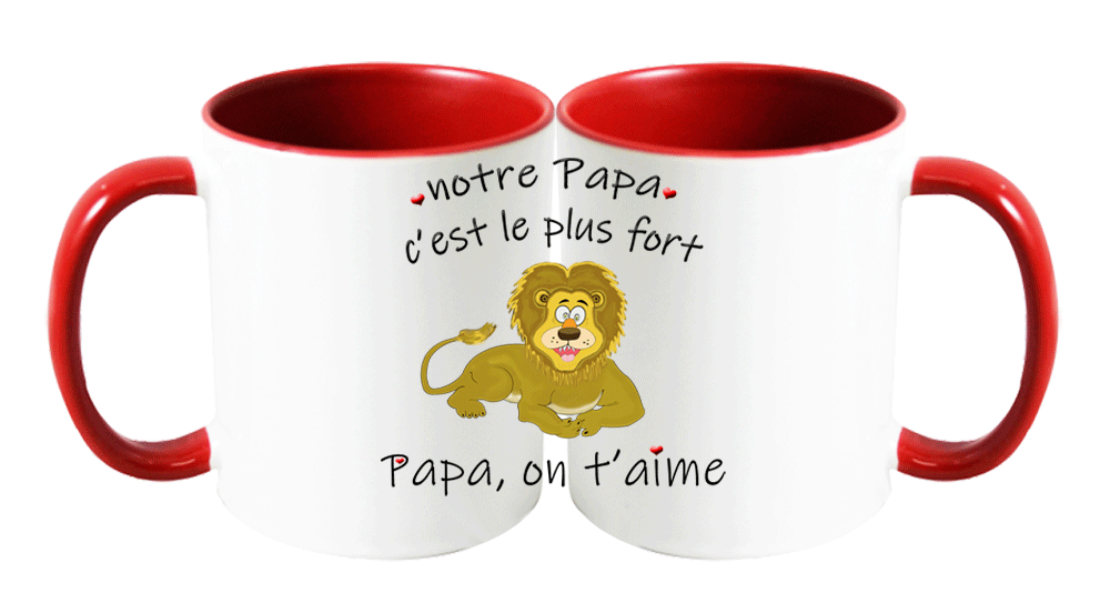 mug;rouge;bicolore;ceramique;phrase;pere;papa;on-t-aime;lion;fort