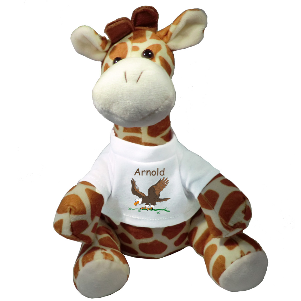 Peluche Girafe avec un Tee shirt Aigle avec un Prénom Exemple Arnold