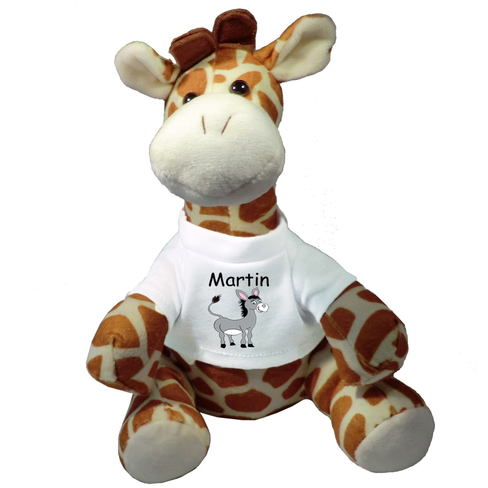 Peluche Girafe avec un Tee shirt Âne avec un Prénom Exemple Martin