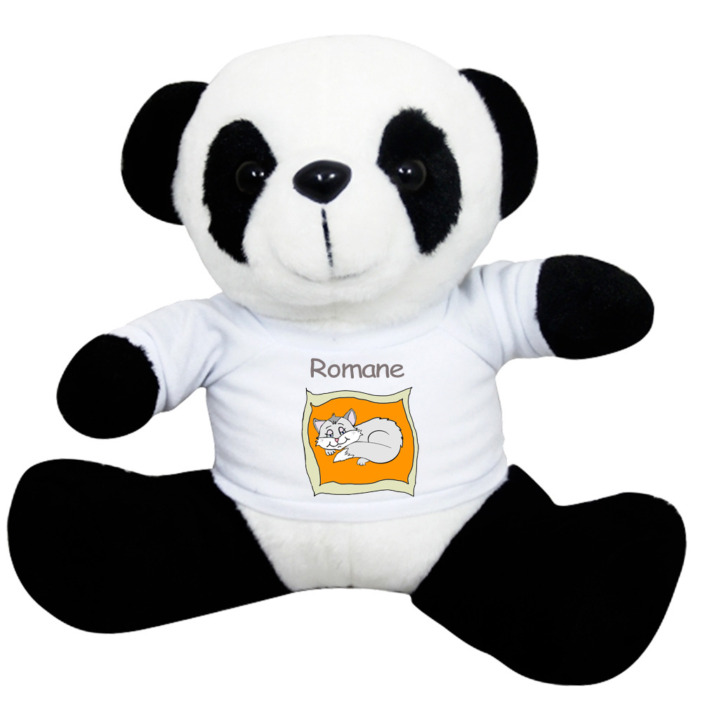 Peluche Panda avec un Tee shirt Chat coussin avec un Prénom Exemple Romane