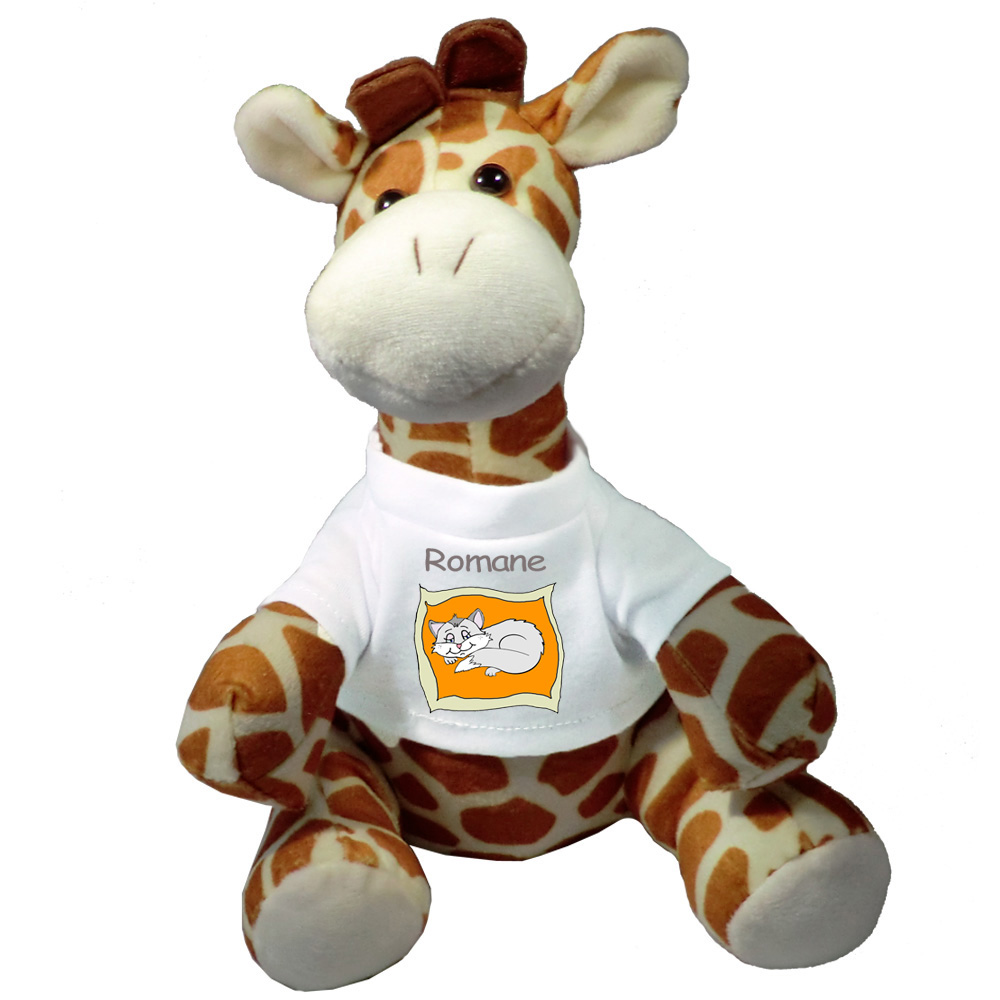 Peluche Girafe avec un Tee shirt Chat coussin avec un Prénom Exemple Romane