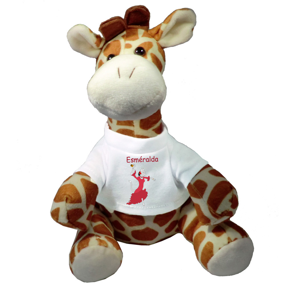 Peluche Girafe avec un Tee shirt Chat Flamenco avec un Prénom Exemple Esmeralda