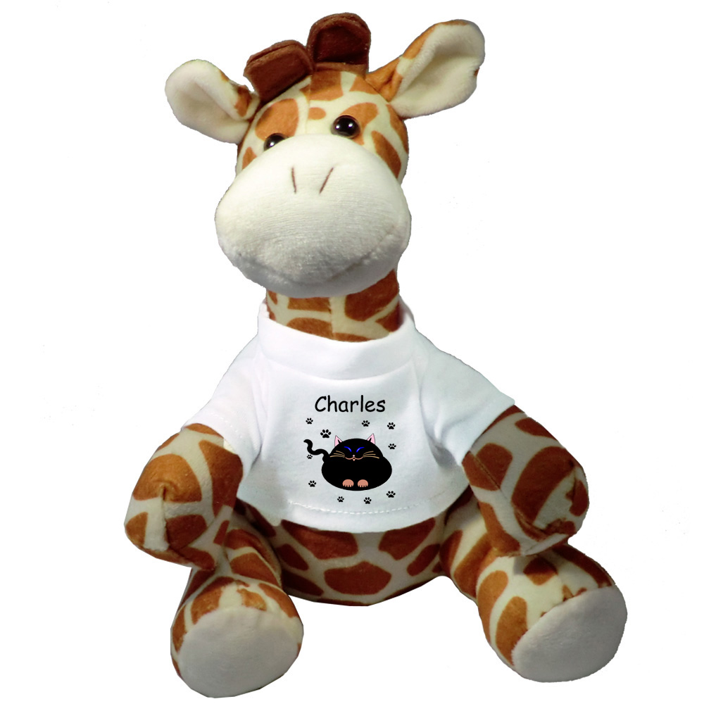Peluche Girafe avec un Tee shirt Chat Rond avec un Prénom Exemple Charles