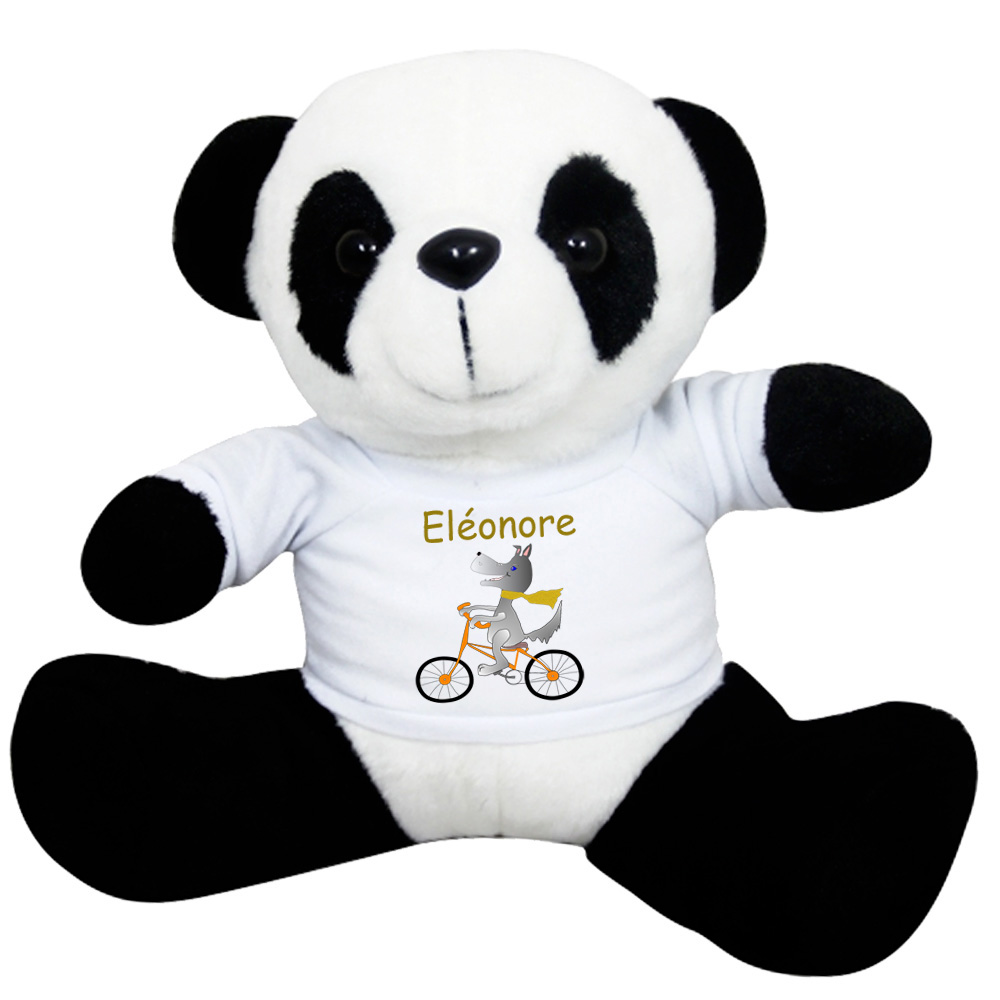 Peluche Panda avec un Tee shirt Chien sur un Vélo  Prénom Exemple Eléonore