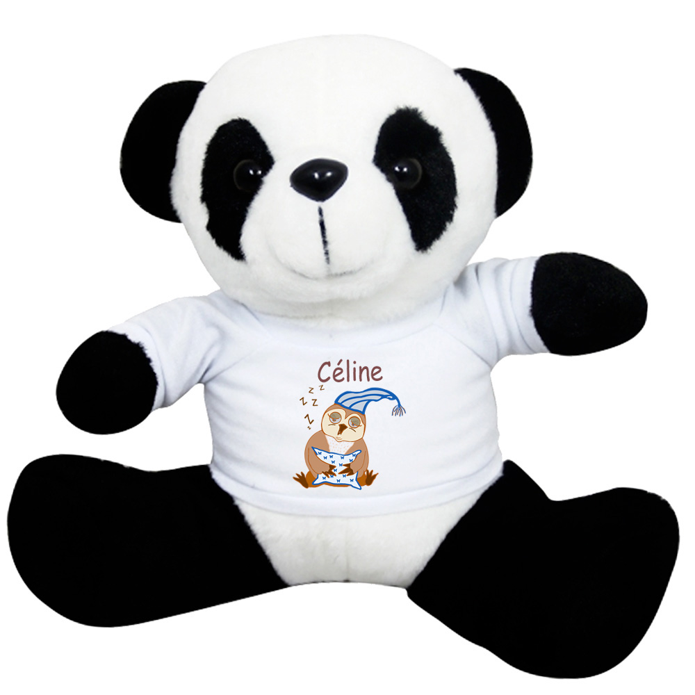 Peluche Panda avec un Tee shirt chouette dormeuse Prénom Exemple Céline