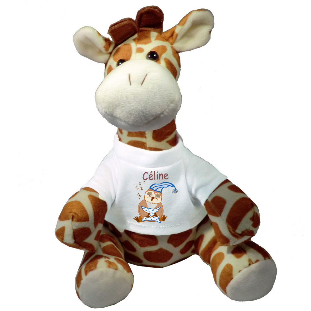 Peluche Girafe avec un Tee shirt chouette dormeuse Prénom Exemple Céline