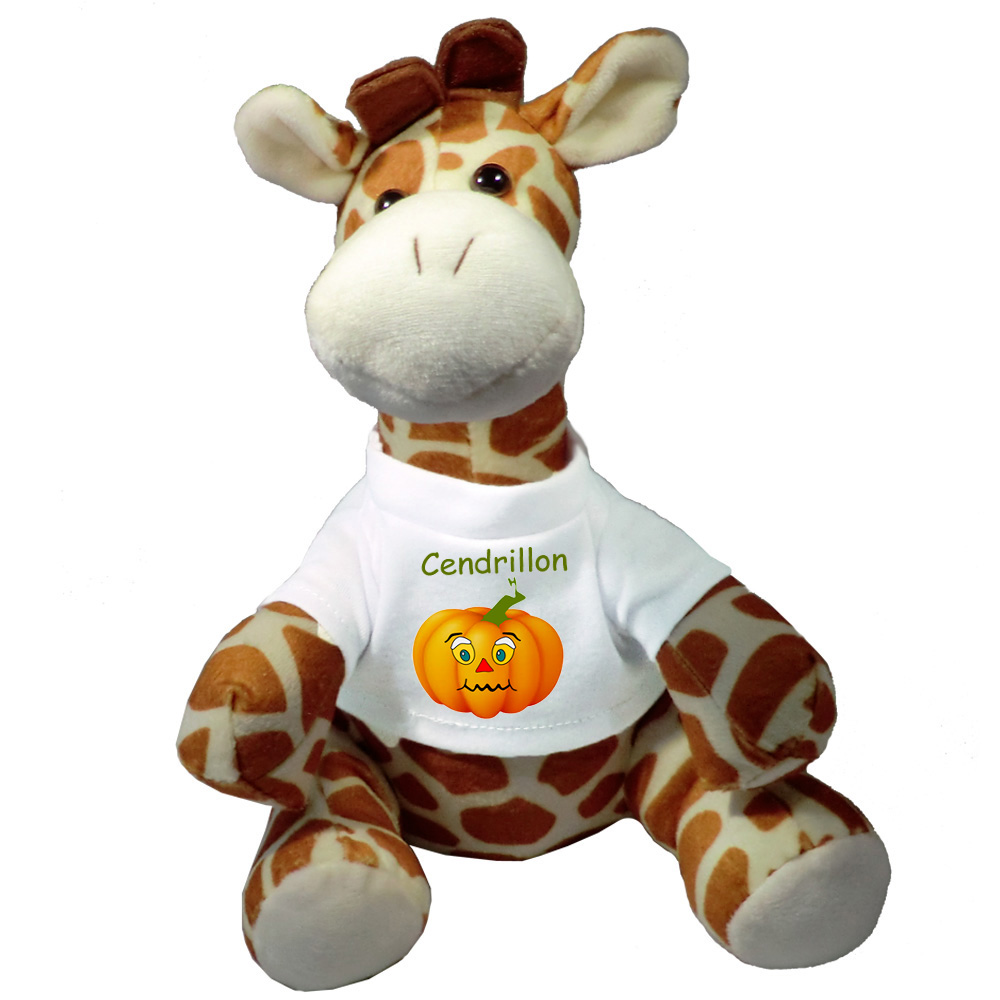 Peluche Girafe avec un Tee shirt citrouille Prénom Exemple Cendrillon