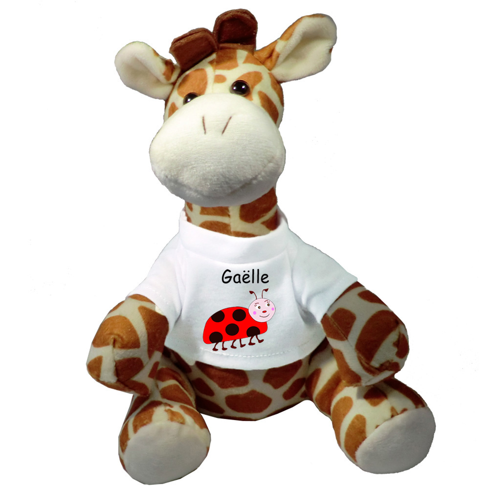 Peluche Girafe avec un Tee shirt coccinelle Prénom Exemple Gaëlle