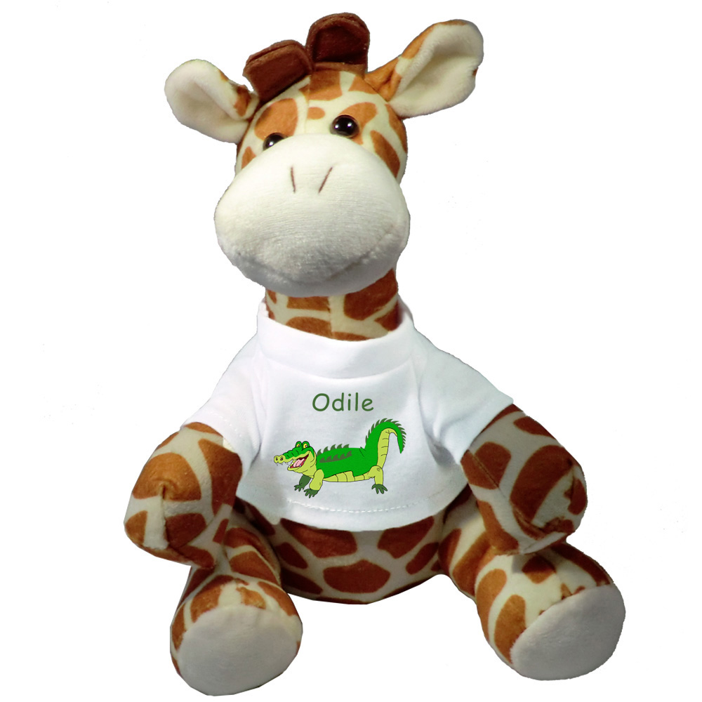 Peluche Girafe avec un Tee shirt crocodile Prénom Exemple Odile