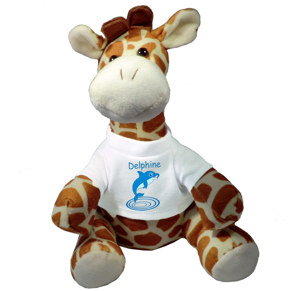 Peluche Girafe avec un Tee shirt Dauphin Prénom Exemple Delphine