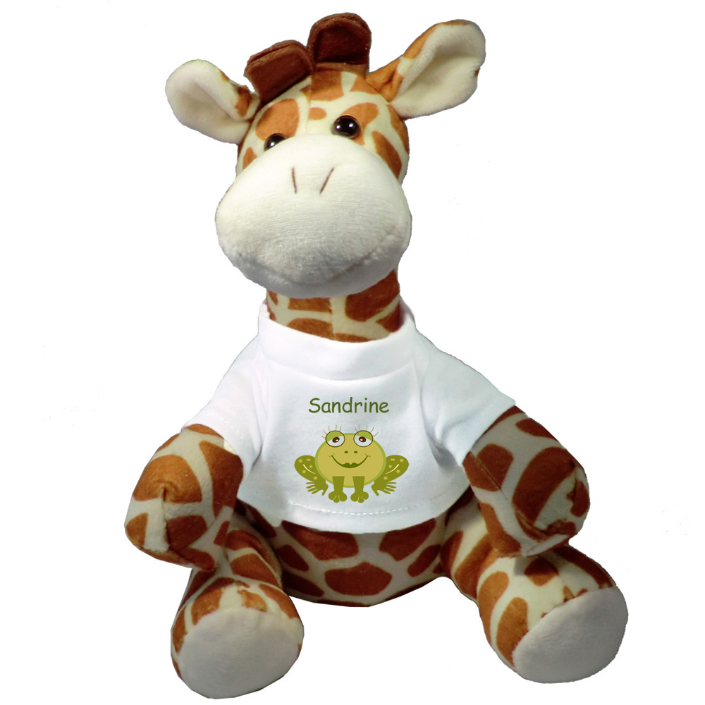 Peluche Girafe avec un Tee shirt Grenouille Prénom Exemple Sandrine