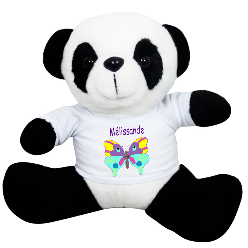 Peluche Panda avec un Tee shirt Papillon Prénom Exemple Mélisande