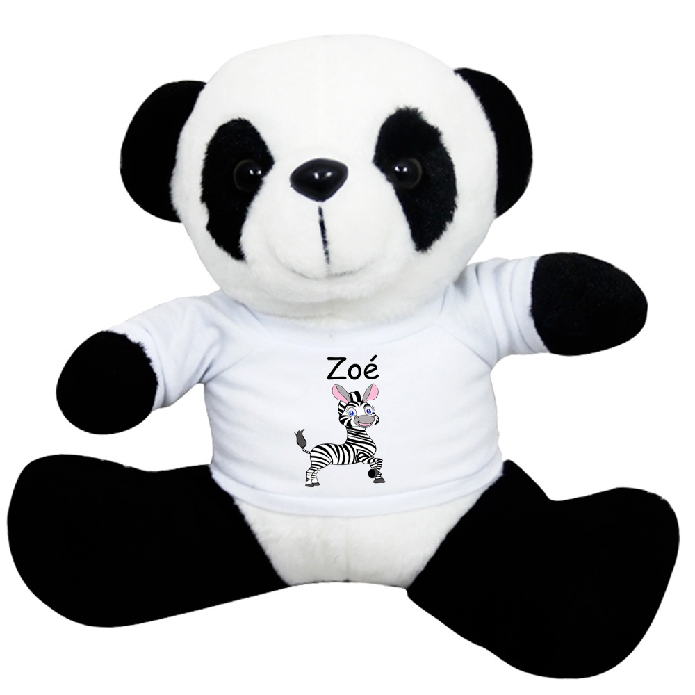 Peluche Panda avec un Tee shirt Zèbre Prénom Exemple Zoé