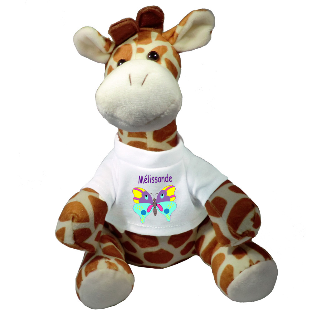 Peluche Girafe avec un Tee shirt Papillon Prénom Exemple Mélissandre