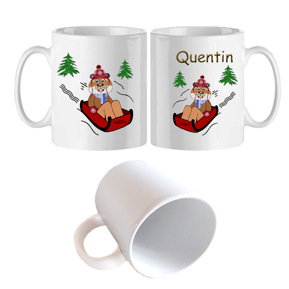 Mug Marmotte sur une luge personnalisé avec un prénom exemple Quentin