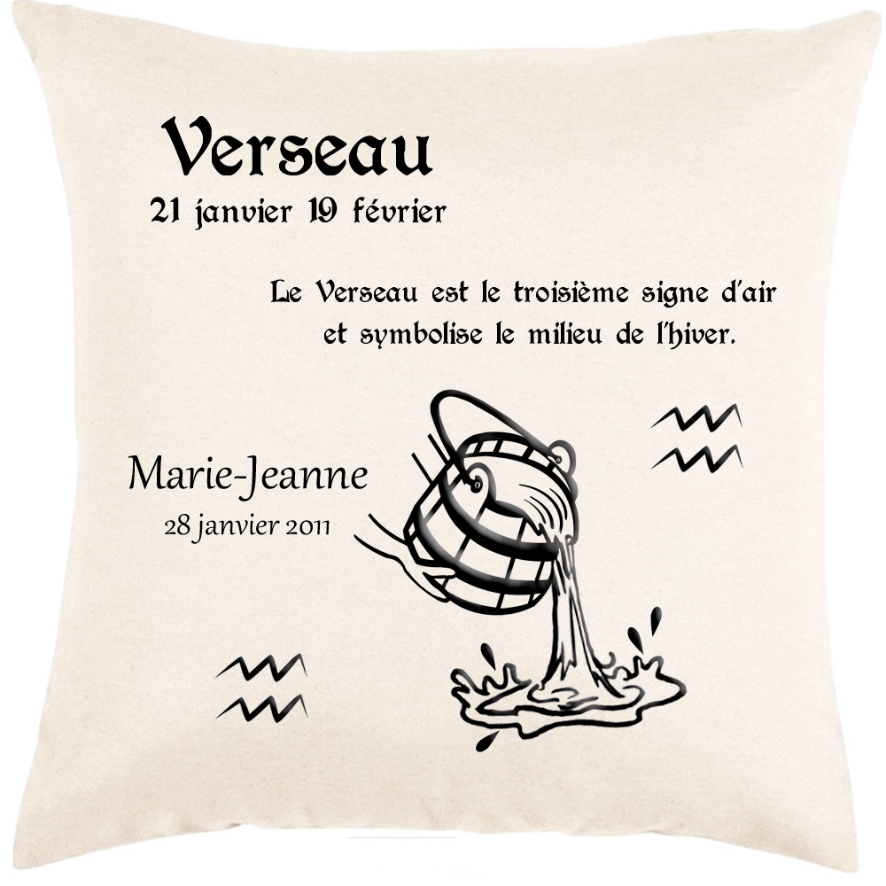 Coussin zodiaque Verseau personnalisé exemple Marie-Jeanne