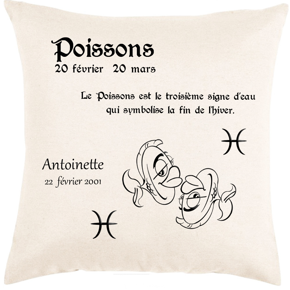 Coussin zodiaque Poissons personnalisé exemple Antoinette