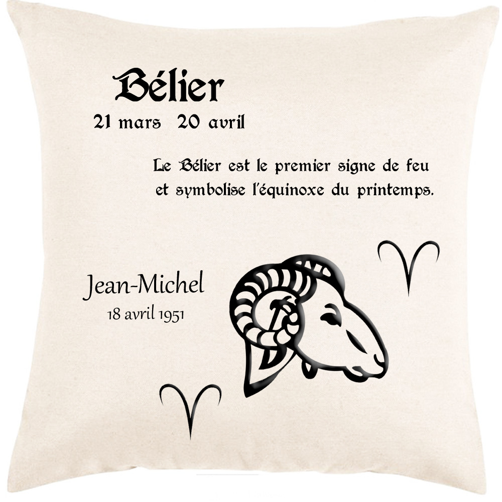 Coussin zodiaque Bélier personnalisé exemple Jean-Michel
