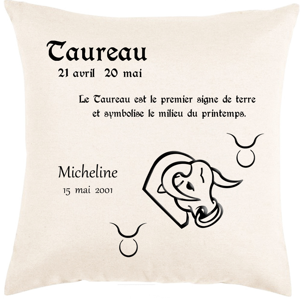 Coussin zodiaque Taureau personnalisé exemple Micheline.
