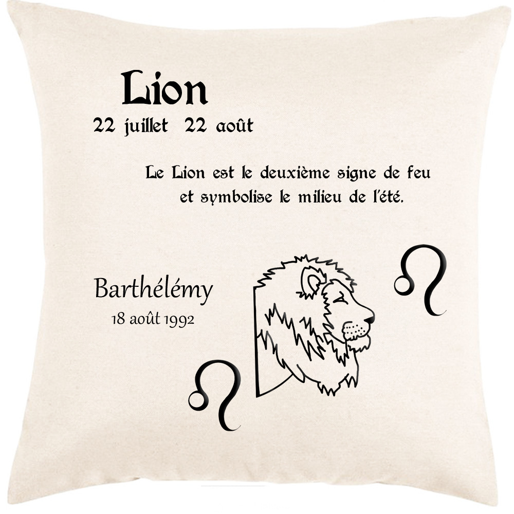 Coussin zodiaque Lion personnalisé exemple Barthélémy.
