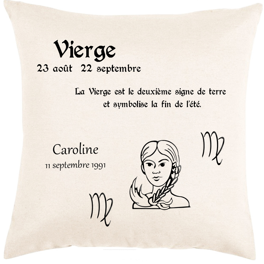 Coussin zodiaque Vierge personnalisé exemple Caroline.