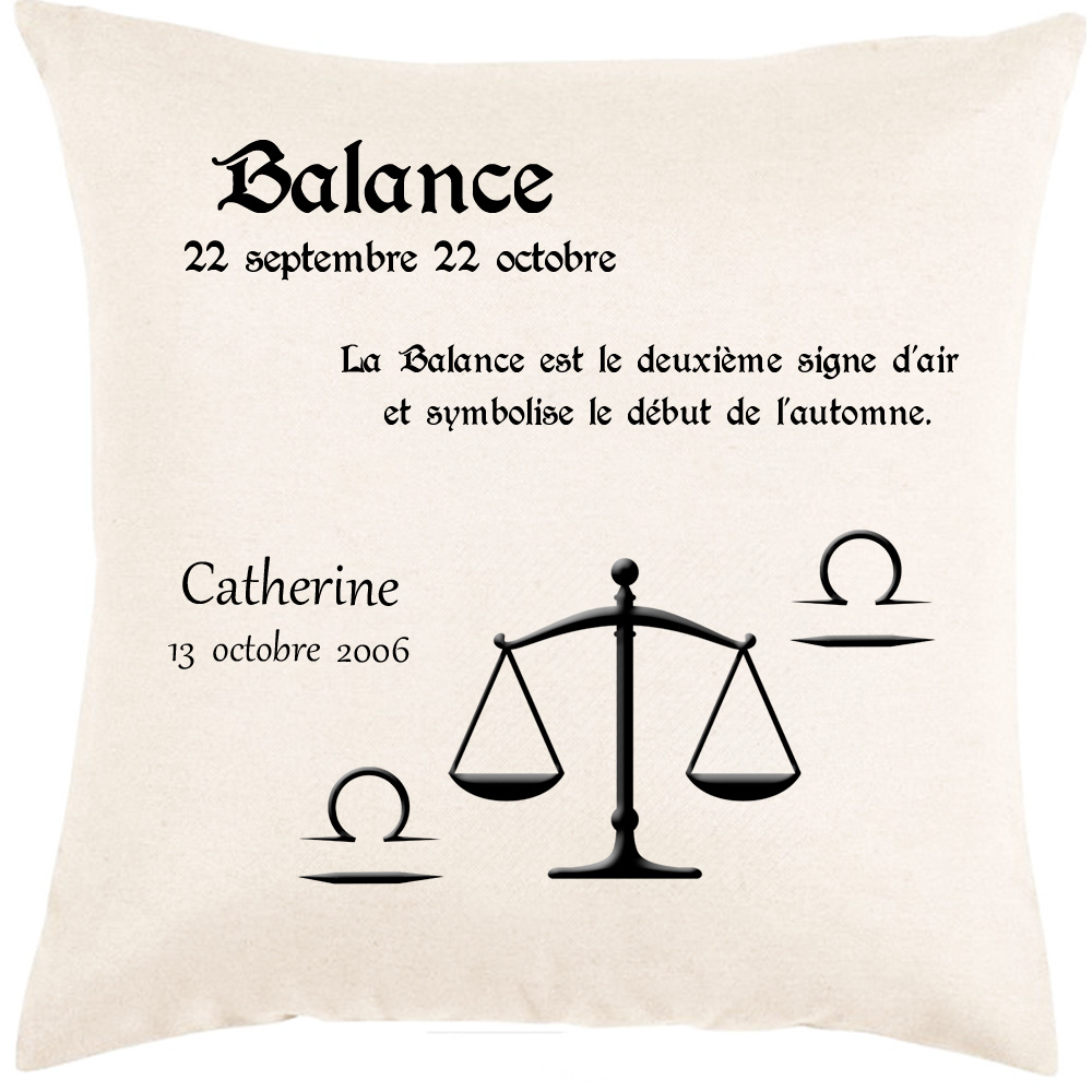 Coussin zodiaque Balance personnalisé exemple Catherine
