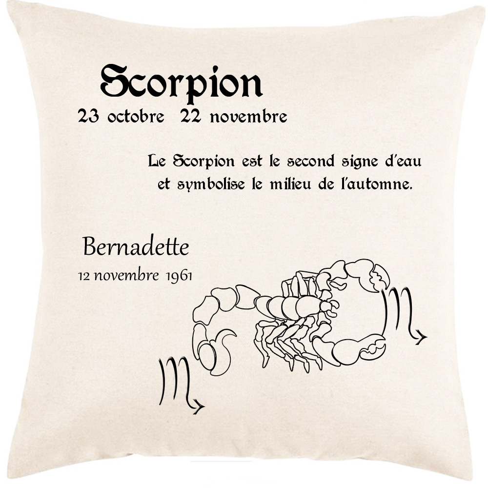 Coussin zodiaque Scorpion personnalisé exemple Bernadette