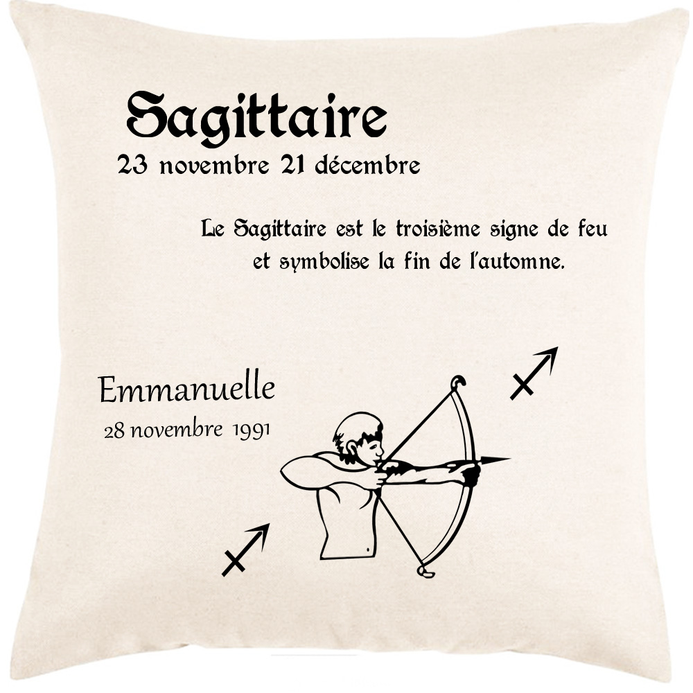Coussin zodiaque Sagittaire personnalisé exemple Emmanuelle