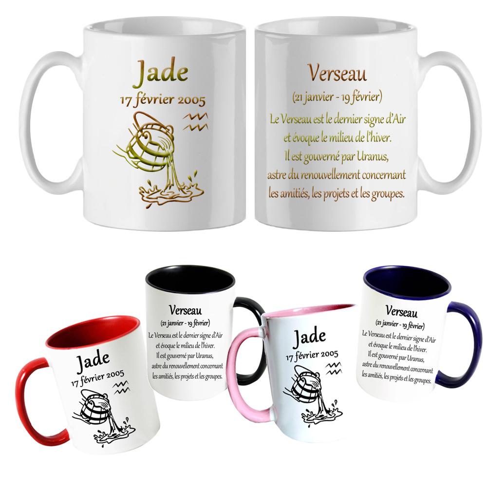 Mug Zodiaque Verseau personnalisé avec un prénom exemple Jade
