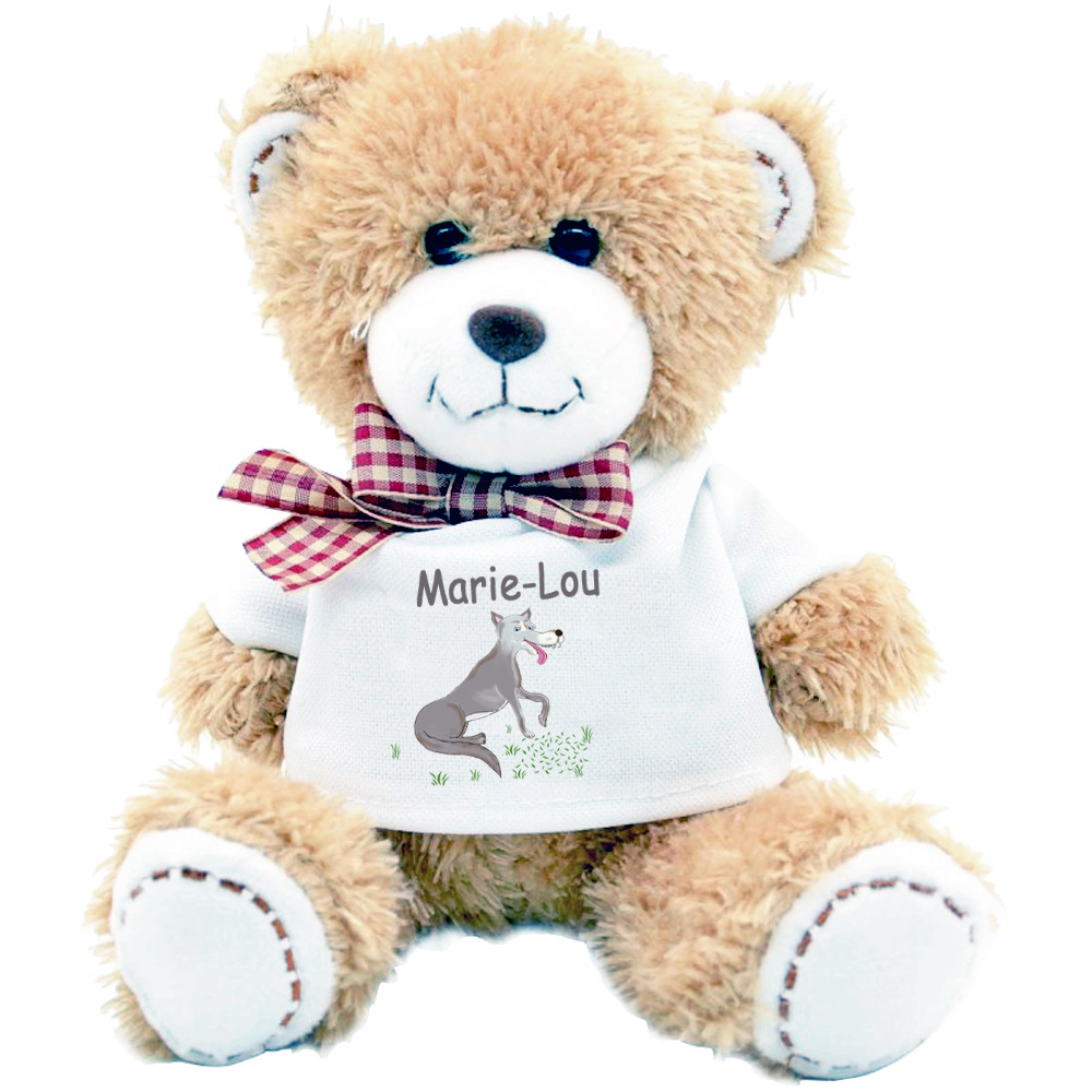 Peluche Ourson avec son Tee shirt Loup à personnaliser