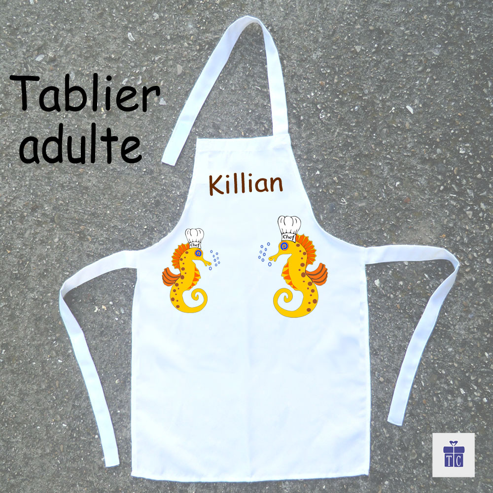 Tablier de Cuisine Adulte Dessin Hippocampe Personnalisable avec un prénom