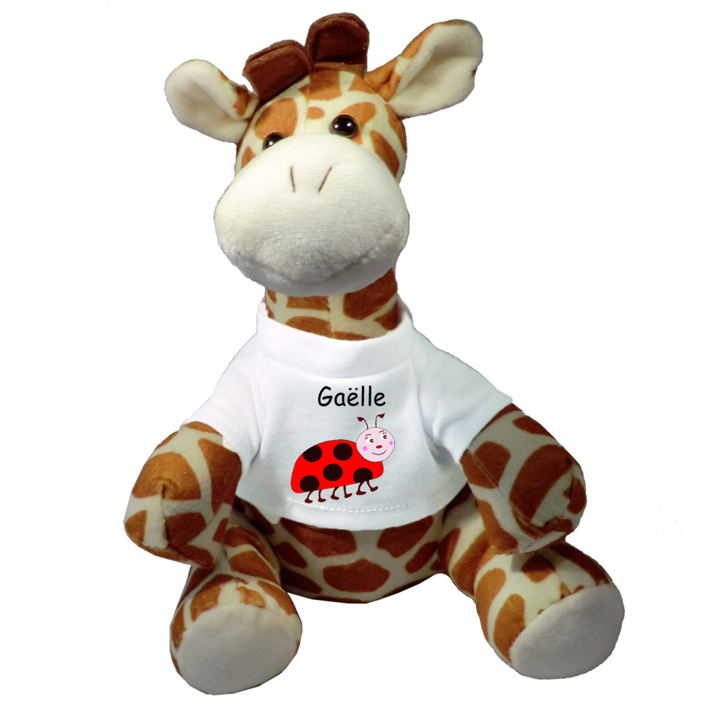 Peluche Girafe avec son Tee shirt coccinelle à personnaliser