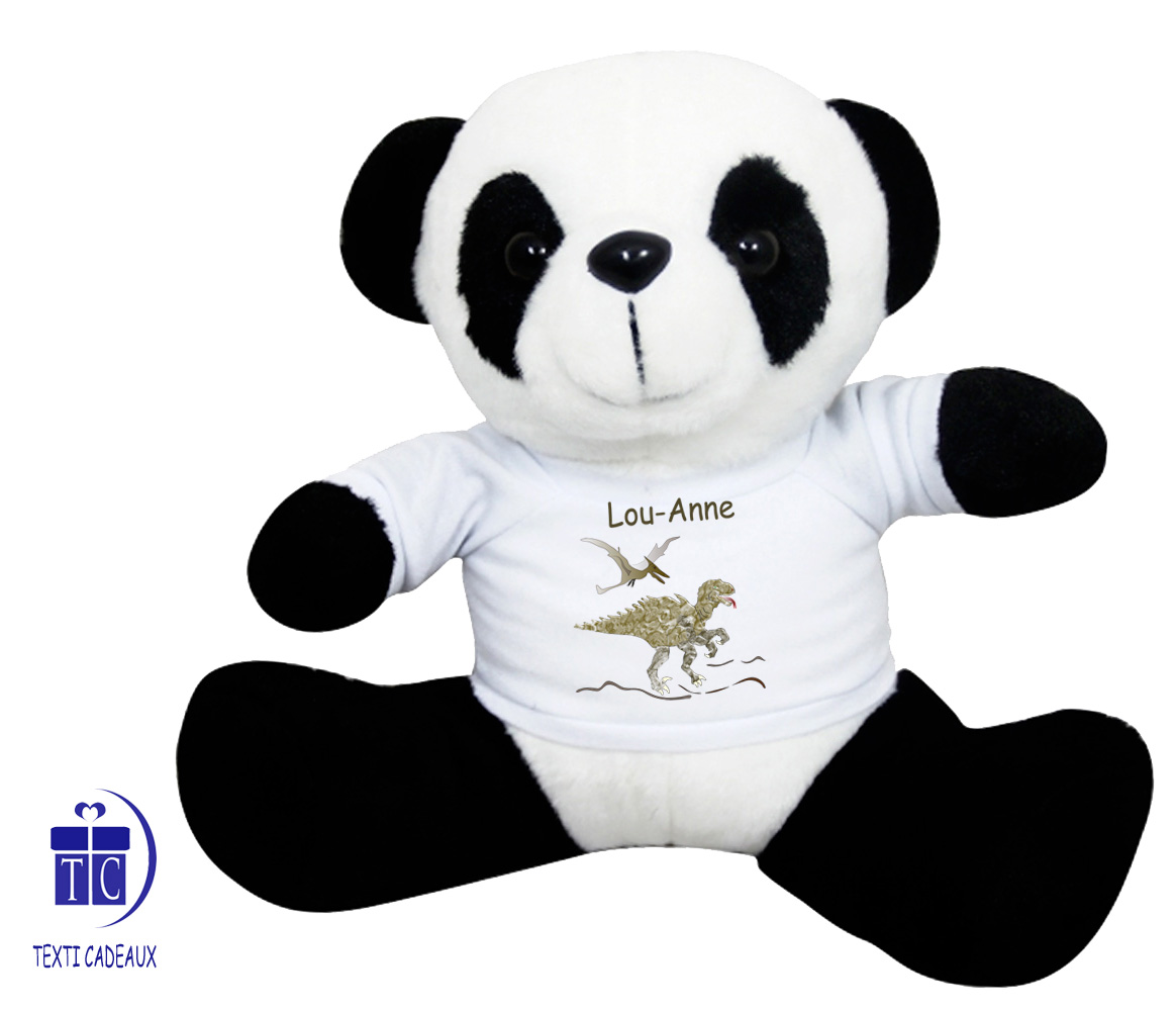 Peluche Panda avec son Tee shirt Dinosaure à personnaliser