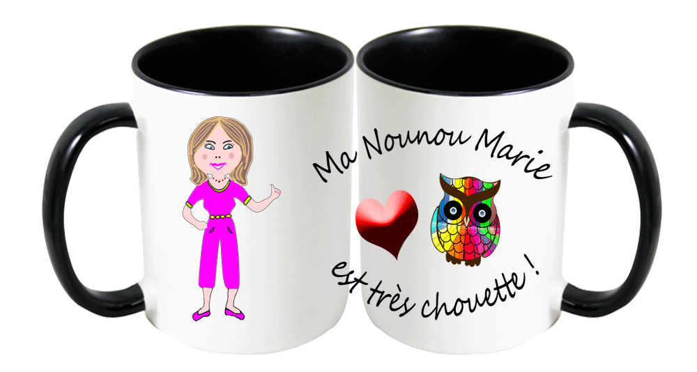 mug;ceramique;noir;nounou;chouette;personnalise;personnalisation;personnalisable;prenom;Marie