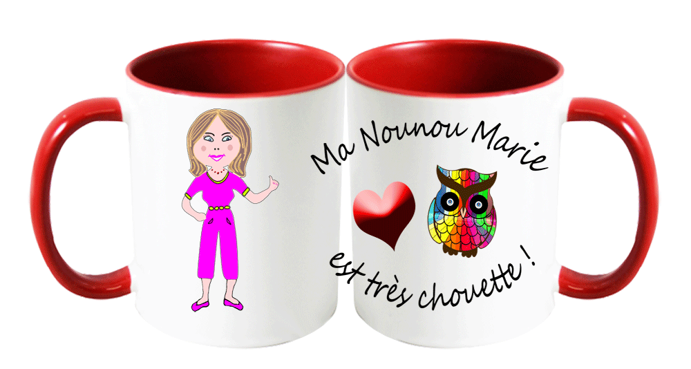 mug;ceramique;rouge;nounou;chouette;personnalise;personnalisation;personnalisable;prenom;Marie