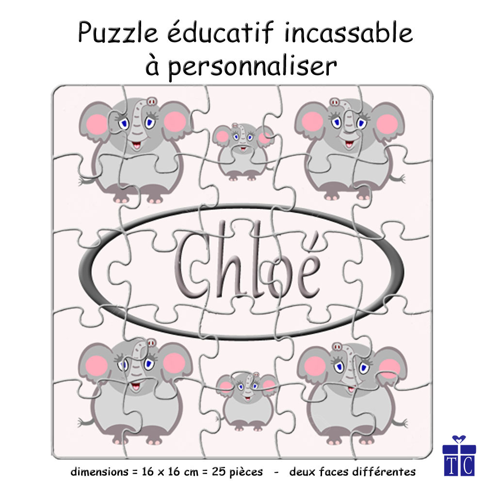 Puzzle Réversible Eléphant Personnalisable avec un Prénom
