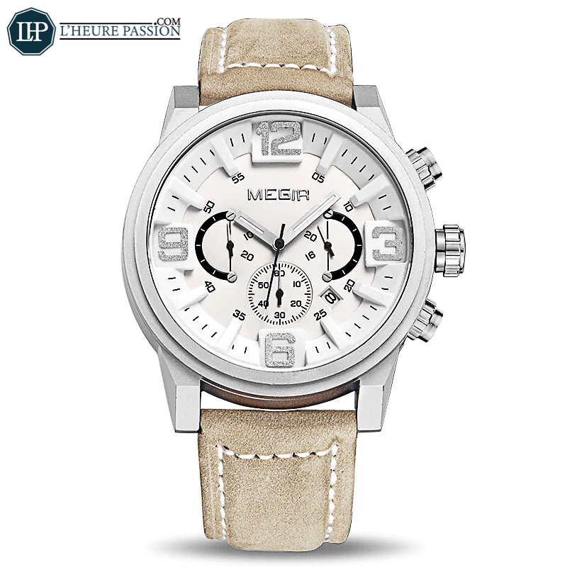 Montre mode casual grand cadran chronographe en cuir