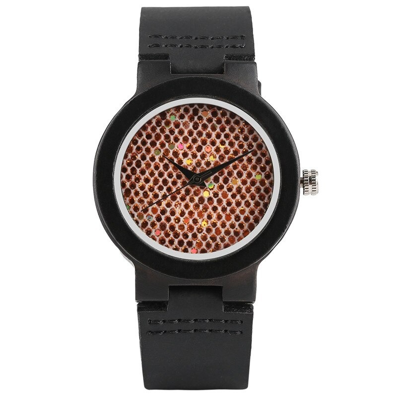 Montre-bracelet en bois de santal noir et belle paillettes arc-en-ciel