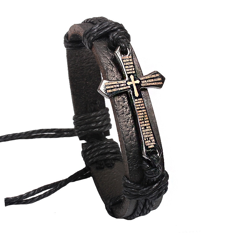 Bracelet avec croix - Bracelet Vintage en cuir pour homme