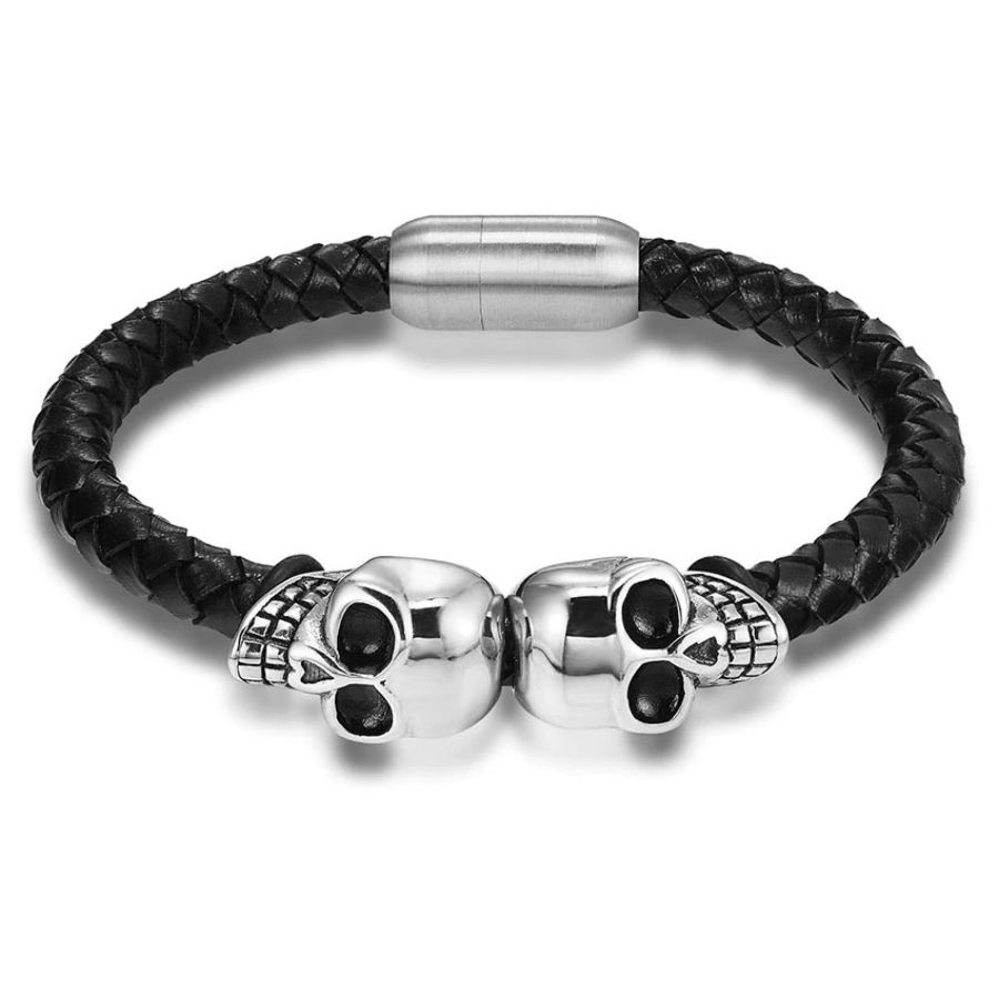 Bracelet gothique en cuir véritable avec un crâne squelette en acier inoxydable