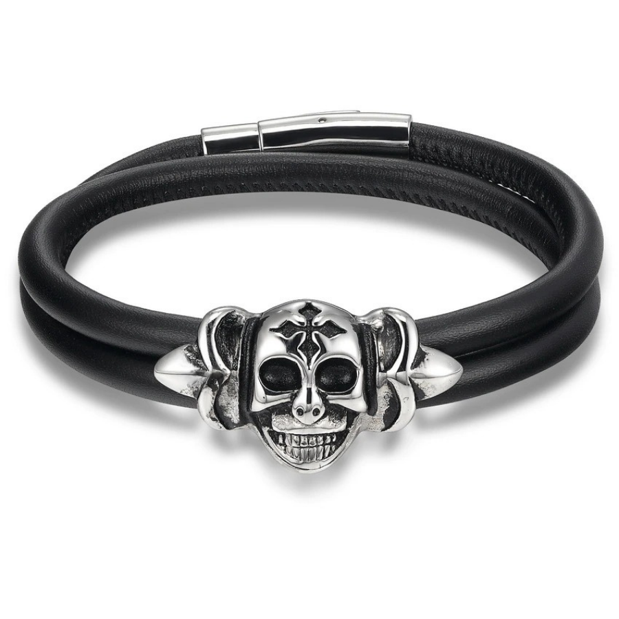 Bracelet en cuir véritable noir Design motif crâne de Clown