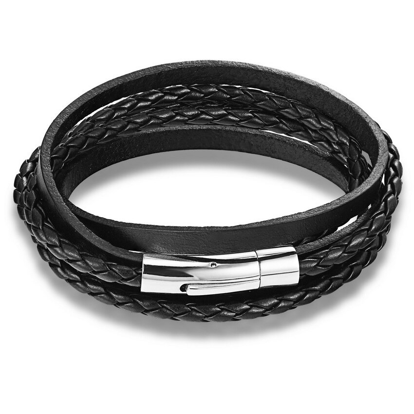 Bracelet à chaîne en cuir véritable pour homme et femme en acier inoxydable