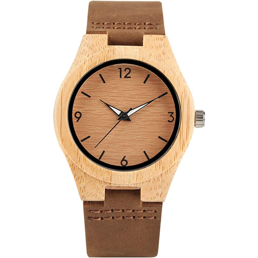 Montre toute simple en bois avec bracelet en cuir véritable