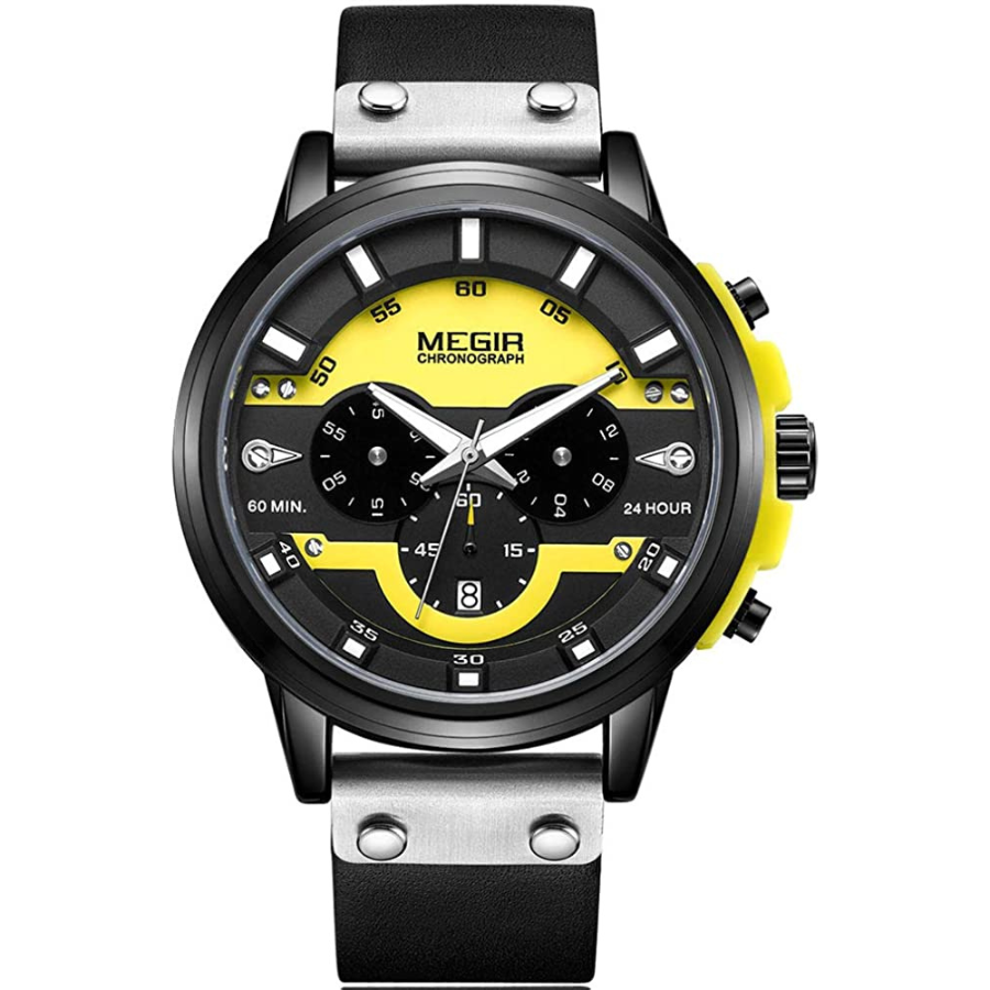 Montre Megir Homme - Style Époustouflant avec Bracelet Cuir Noir et Cadran Jaune