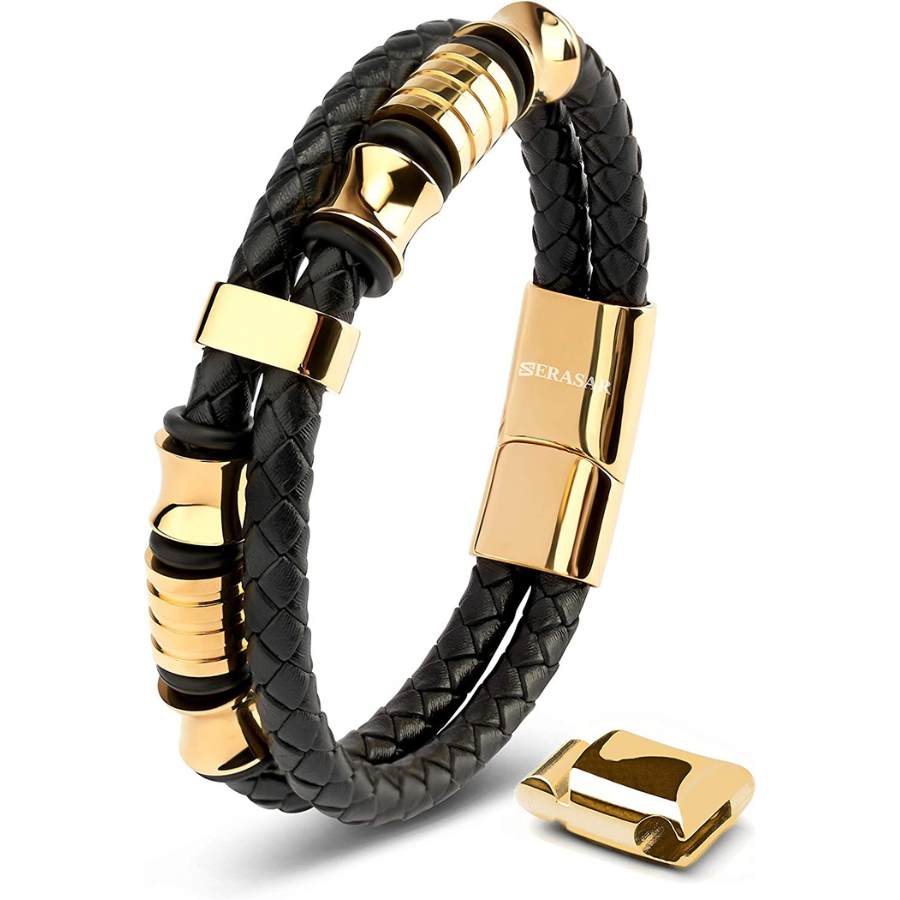 SERASAR : Bracelet en cuir noir pour homme avec fermeture magnétique en acier inoxydable